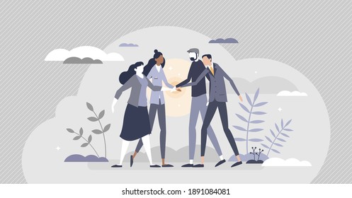 Community teamwork bonding and united group partnership agreement tiny person concept. Trust circle with company hands holding together as solidarity, trust and support network vector illustration.