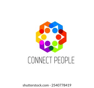 Community or teamwork connect people together icon, union and family symbol. Vector colorful emblem with interconnected stylized human figures in a different vibrant colors, represent social harmony