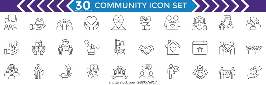 Conjunto de iconos de línea de trabajo en equipo y comunidad con personas, Asistencia, comunicación y conexión social en estilo moderno de Vector de contorno mínimo