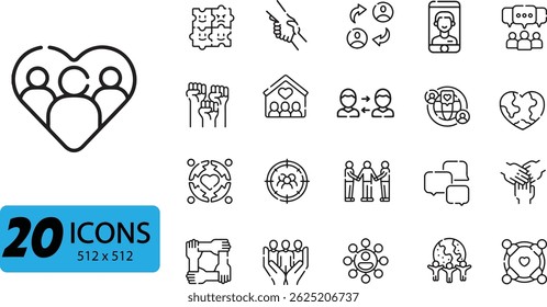 Conjunto de ícones de comunidade e união: 20 ilustrações vetoriais de contorno representando a conexão social