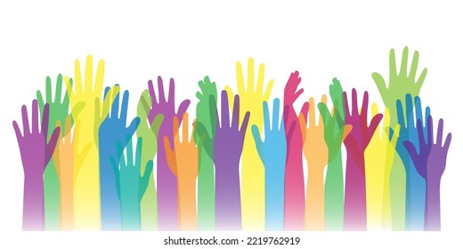 Community tolerance, charity concert, different colors hand silhouette. Fist up public victory association, arm voting, education. Social multicultural group, web banner, vector graphic utter