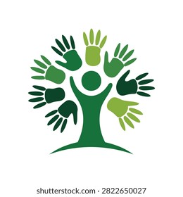 Community tree concept made of green handprints with community, handprints