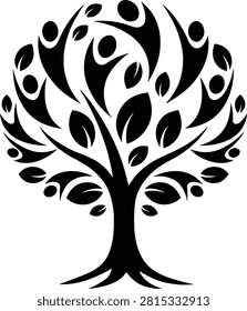 Community tree, unity and diversity symbol. People interconnected, forming branches and leaves. Concept of togetherness, teamwork, and social connection. Black on transparent background.