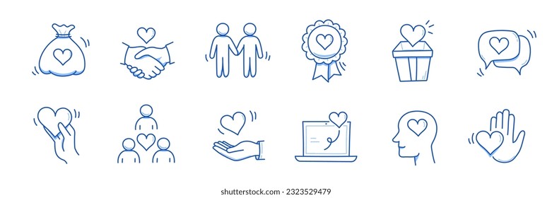 Mano de confianza comunitaria, icono de línea de garabatos del corazón social. Comunidad de caridad, cuidado de asociación, solidaridad de la gente ayuda a conjunto de íconos de concepto. Línea de estilo de dibujo de doodle dibujado a mano. Ilustración del vector