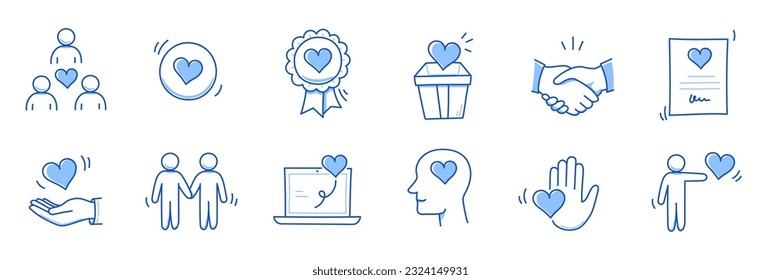 Community trust hand, social heart doodle line icon. Charity community, partnership care, people solidarity help concept icon set. Hand drawn doodle sketch style line. Vector illustration