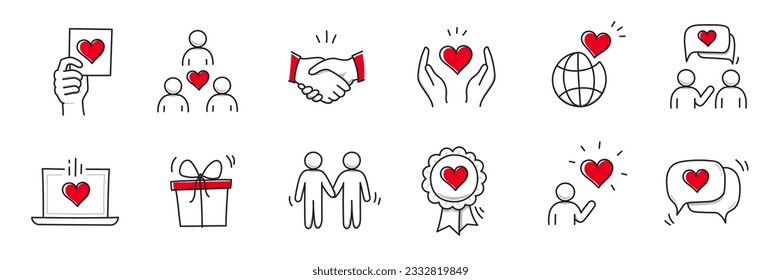 Mano de confianza comunitaria, icono de línea de garabatos del corazón social. Comunidad de caridad, cuidado de asociación, solidaridad de la gente ayuda a conjunto de íconos de concepto. Línea de estilo de dibujo de doodle dibujado a mano. Ilustración del vector