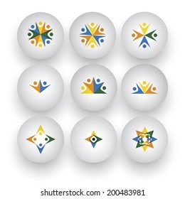 community, unity, happy people, children playing vector icons. This graphic also represents buttons with people together, employees & executives meeting, friends & friendship, kids at school