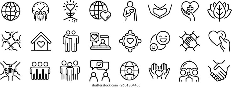 Community, unity, love, global icons. Heart, teamwork, support, diversity, friendship symbols. Minimalist line art for social impact, collaboration, empathy projects. Perfect for nonprofit, education