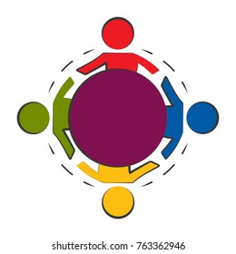 Community unity, solidarity and friendship concept. Colorful people circles, union of workers sitting around round table - vector