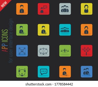 Community vector color web icons on dark background for user interface design