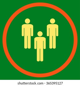 Community vector icon. Style is bicolor flat circled symbol, orange and yellow colors, rounded angles, green background.