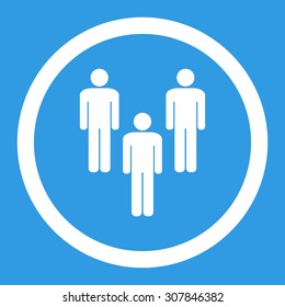 Community vector icon. This rounded flat symbol is drawn with white color on a blue background.