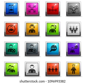 community vector icons in square colored buttons