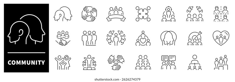 Community vector icons. Thin line icons set related to community and society. Family, human, team, community, friends, population symbols