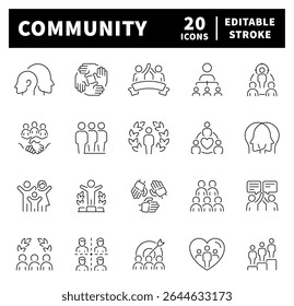 Community vector icons. Thin line icons set related to community and society. Family, human, team, community, friends, population symbols