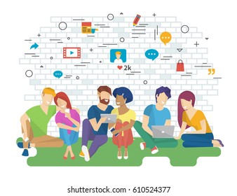 Community vector illustration of young people using gadgets such as smartphone, tablet and laptop sitting on floor and talking as part of community. Flat design of internet addiction and communication