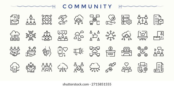 Community vector line icon set. Outline icons collection. Contains such icons as support, communication, human, organization, unity, collaboration, social. Vector collections. Unity line icon set.