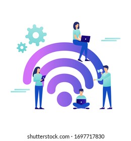 Community Vector Wireless Wi-Fi Free Public zone Hotspot Zone Wireless Internet Flat People Free Wifi Internet Connection. Flat People  Vector Devices Icon Wireless WiFi