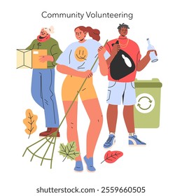 Community Volunteering concept. Citizens engaged in neighborhood cleanup, promoting environmental stewardship. Cooperative urban effort for waste reduction. Vector illustration.