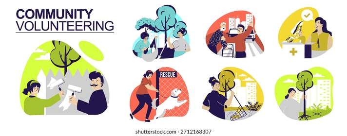Community volunteering concept set for web design. Collection with people painting fence, collect trash, help elderly man cross road, adopting dog, donate clothing, plant trees. Vector illustration.