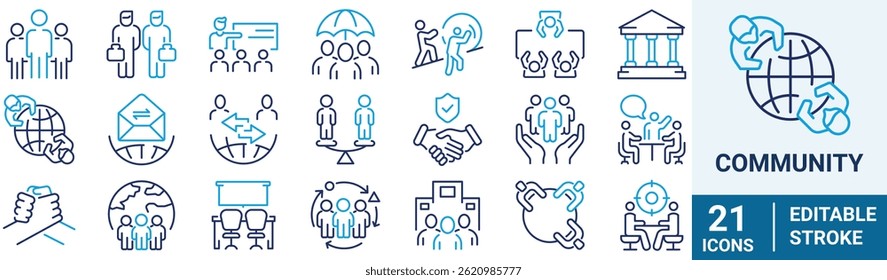 Community-Webzeilensymbolsammlung. Gesellschaftliches Leben, das Familie, Freundschaft, Kommunikation umfasst. Vektorgrafik