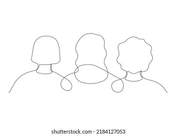 Community women friend hug   support together  back view  continuous one art line drawing  Sisterhood  friends  union feminists  solidarity  Three human heads  girls team  Vector outline
