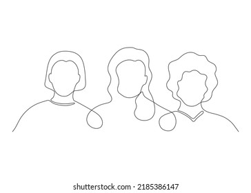 Community of women friend hug and support together, continuous one art line drawing. Sisterhood, friends, union of feminists, solidarity. Three human heads, girls team. Vector outline hand draw