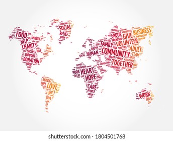Community word cloud in shape of world map, social concept background