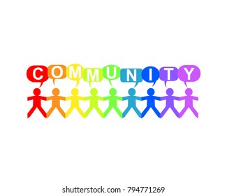 Community word in speech bubbles with cut out paper people chain in rainbow colors
