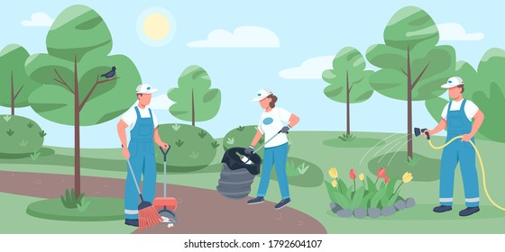 Community Work Flat Color Vector Illustration. Janitorial Team 2D Cartoon Characters With Park On Background. Cleaning Service, Environmental Cleanup. Volunteers Collecting Litter And Watering Flowers