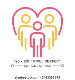 Community work two color line icon. Team members and heart bicolor outline symbol. Collective social work and support. Duotone linear pictogram. Isolated illustration. Editable stroke