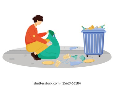 Community worker cleaning trash flat vector illustration. Young volunteer, environmental activist isolated cartoon character on white background. Waste management, garbage sorting and recycling