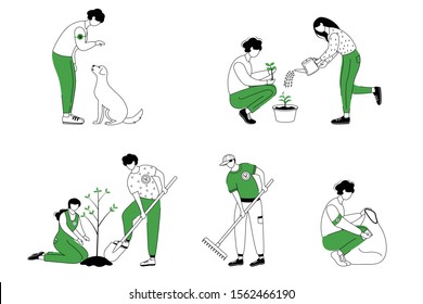 Community workers flat contour vector illustrations set. Social activists isolated cartoon outline characters on white background. Pet adoption, garbage cleaning and trees planting simple drawing