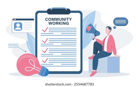 Community working concept. Man with loudspeaker near clipboard. Corporate business strategy. Company growth and development. Flat vector illustration isolated on white background