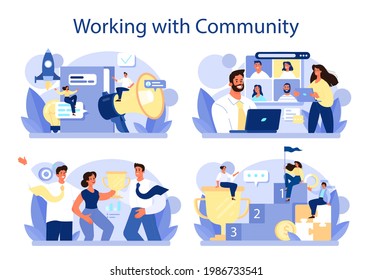 Conjunto de conceptos de trabajo comunitario. Construcción de equipos, grupos de personas trabajan juntos para el desarrollo de negocios. Comunicación y cooperación. Ilustración plana del vector