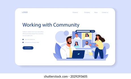 Community working web banner or landing page. Team building, group of people work together for business development. Communication and cooperation. Vector flat illustration