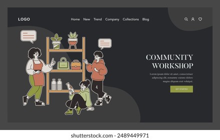 Community workshop concept. People engaging in upcycling activities. Creative reuse of materials, handcrafting unique items. Vector illustration.