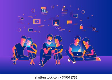 Community of young people using gadgets such as smartphone, tablet and laptop sitting on floor and enjoying networks. Gradient line vector illustration of of internet addiction and communication Community of young people using gadgets such as smartphone, tablet and laptop sitting on floor and enjoying networks. Gradient line vector illustration of of internet addiction and communication