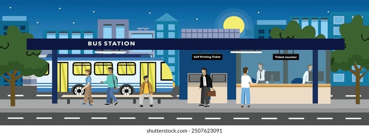 Commute people. Bus station vector illustration. People waiting for the bus. A man buying a bus ticket. People waiting at the bus stop. Cityscape public transportation. City night transportation.