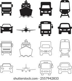 Commuter icon set. Traffic busy road black flat and line vector collection isolated on transparent background. Public Transportation related. Minimal graphic bus Train Ship Ferry and auto sign symbol.