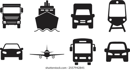 Commuter icon set. Traffic busy road black flat vector collection isolated on transparent background. Public Transportation related. Minimal graphic bus Train Ship Ferry and auto sign symbol.