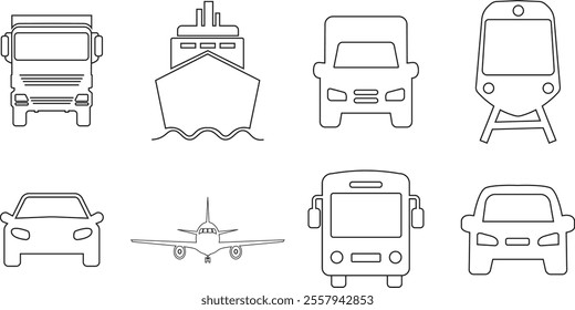 Commuter icon set. Traffic busy road black line vector collection isolated on transparent background. Public Transportation related. Minimal graphic bus Train Ship Ferry and auto sign symbol.