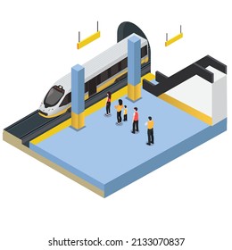 Colas de viajeros entrando en un concepto vectorial 3d isométrico del tren para banner, sitio web, ilustración, página de aterrizaje, volante, etc.