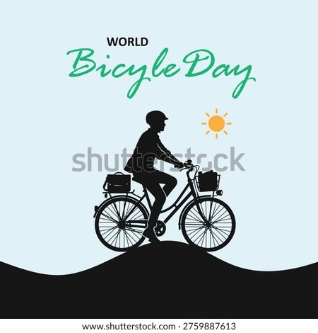 Commuter riding bicycle with front and rear baskets on hill silhouette for World Bicycle Day celebration design