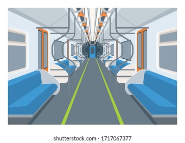 Commuter train interior. Simple flat illustration. Perspective view.