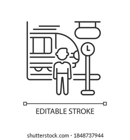 Commuter train linear icon. Intercity railroad transportation thin line customizable illustration. Contour symbol. Passenger and arriving train vector isolated outline drawing. Editable stroke