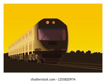 commuter train in perspective view with sunset background