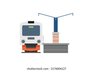 El tren de cercanías para en una pequeña estación de tren. Ilustración plana simple