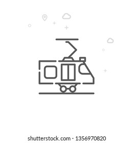 Commuter Train, Tram Vector Line Icon. City Urban Transport Symbol, Pictogram, Sign. Light Abstract Geometric Background. Editable Stroke. Adjust Line Weight. Design with Pixel Perfection.