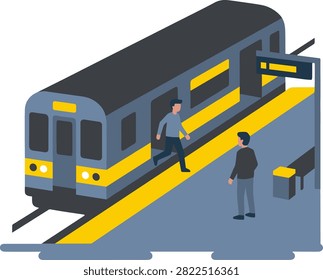 Commuters boarding a subway train at the station. A blue and yellow metro train stopped at a platform with people entering. Flat isometric style. Perfect for public transport and urban commuting concepts.